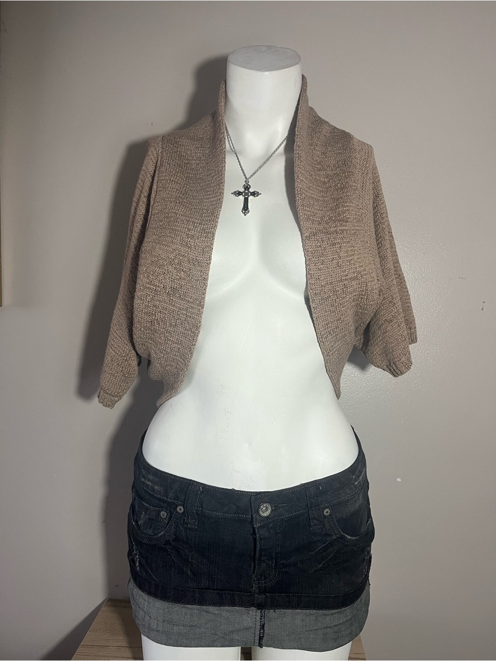 WD.NY Cropped Open-Front Shrug in Taupe
